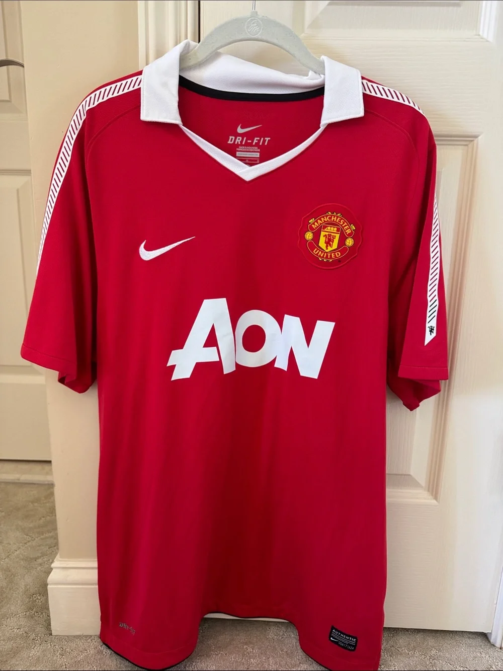 Nike Red and White Soccer Jersey with AON Sponsor